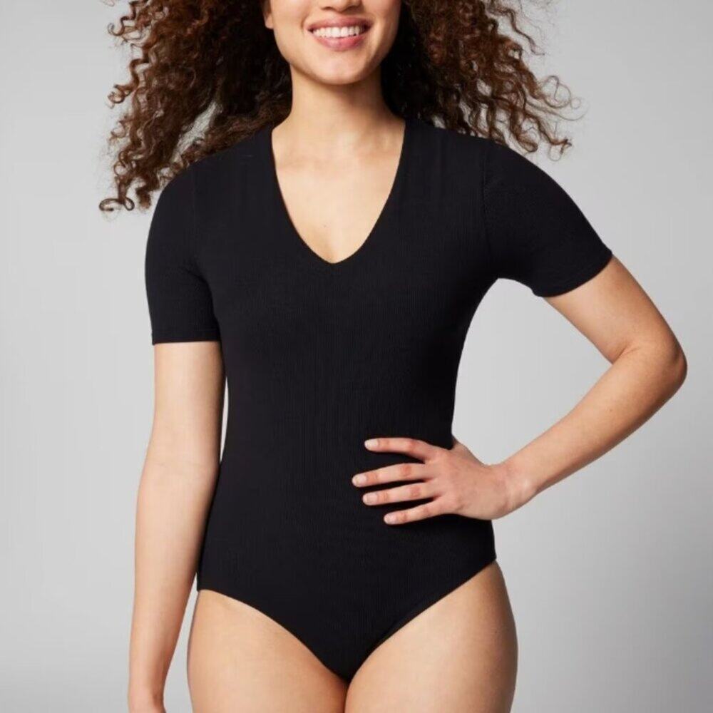 Soma Body Ribbed Short-Sleeve V-Neck Bodysuit in Black (Size S)